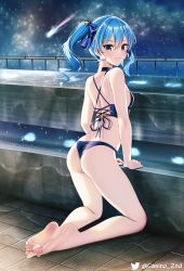 Rule 34 | 1girl, ass, back, bare legs, barefoot, bikini, blue bikini, blue eyes, blue hair, blue ribbon, breasts, casino (casinoep), closed mouth, comet, feet, from behind, full body, hair between eyes, hair ribbon, highres, hololive, hoshimachi suisei, kneeling, long hair, looking at viewer, night, outdoors, ribbon, side ponytail, sky, small breasts, smile, soles, solo, star (sky), star (symbol), star in eye, starry sky, swimsuit, symbol in eye, thighs, toes, twitter username, virtual youtuber