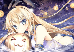 Rule 34 | &gt; &lt;, &gt;w&lt;, 1girl, :3, blonde hair, blue eyes, cosplay, elbow gloves, closed eyes, fei xina, gloves, hairband, halloween, jack-o&#039;-lantern, kantai collection, long hair, looking at viewer, lying, on stomach, partially submerged, personification, pumpkin, rensouhou-chan, rensouhou-chan (cosplay), shimakaze (kancolle), skirt, solo, water