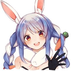 Rule 34 | 1girl, :d, animal ear fluff, animal ears, bare shoulders, black gloves, blue hair, braid, carrot hair ornament, commentary request, cropped shoulders, don-chan (usada pekora), dot nose, food-themed hair ornament, fur scarf, gloves, hair ornament, hand up, head tilt, highres, hikimayu, hololive, kurumikko, light blush, long hair, looking at viewer, multicolored hair, multiple braids, open mouth, portrait, rabbit ears, rabbit girl, red eyes, short eyebrows, simple background, sleeveless, smile, solo, thick eyebrows, twin braids, two-tone hair, usada pekora, usada pekora (1st costume), virtual youtuber, waving, white background, white hair