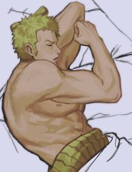 Rule 34 | 1boy, bed sheet, chonmage, clenched hand, closed eyes, commentary, from above, green hair, haramaki, highres, lying, m0kaccinoh, male focus, muscular, muscular male, on side, one piece, roronoa zoro, sideburns, sleeping, solo, topknot, topless male, upper body, v-shaped eyebrows