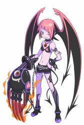 Rule 34 | 1girl, armband, bat wings, bikini, bikini top only, blush stickers, choker, collar, colored skin, demon tail, earrings, full body, hand on own hip, head wings, jewelry, navel, necklace, official art, one eye closed, ootsuka shin&#039;ichirou, parted lips, pendant, pink hair, purple skin, scarra, shorts, simple background, smile, solo, source request, summon night, summon night x, swimsuit, tail, white background, wings, wink