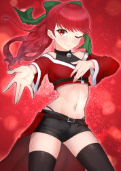 Rule 34 | 1girl, absurdres, bad id, bad twitter id, bell, bow, christmas, collar, crop top, highres, long hair, looking at viewer, midriff, navel, neck bell, one eye closed, persona, persona 5, persona 5 the royal, ponytail, red eyes, red hair, reneph, santa costume, shorts, smile, solo, yoshizawa kasumi