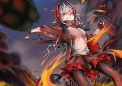 Rule 34 | 1girl, absurdres, antenna hair, arknights, assault rifle, black gloves, black jacket, black scarf, breasts, commentary request, controller, crazy smile, elbow gloves, explosive, fire, gloves, grenade, grey hair, grey shirt, gun, highres, himeno tatsuta, horns, jacket, key, medium breasts, nail polish, orange eyes, pantyhose, red horns, red nails, remote control, rifle, scar, scarf, shirt, short hair, skirt, smile, solo, tail, torn clothes, torn scarf, w (arknights), weapon