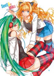 Rule 34 | 2girls, bad id, bad pixiv id, blonde hair, blue eyes, character name, food, green hair, hatsune miku, headphones, long hair, mouth hold, multiple girls, nail polish, pin (leehn0507), pocky, red eyes, seeu, skirt, striped clothes, striped legwear, striped thighhighs, thighhighs, twintails, very long hair, vocaloid, white background