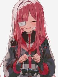 Rule 34 | 1girl, bandaid, bandaid on face, black jacket, blood, blood in hair, blood on clothes, blood on face, blush, closed eyes, fingernails, gauze, highres, holding, jacket, limbus company, long hair, long sleeves, looking at viewer, migishita, one eye closed, open mouth, pink hair, project moon, respirator, sidelocks, simple background, smile, solo, upper body, very long hair, white background, yuri (project moon)