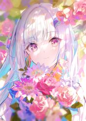 Rule 34 | 1girl, absurdres, blue hair, bouquet, dappled sunlight, flower, foliage, fuzichoco, highres, holding, holding bouquet, leaf, lize helesta, looking at viewer, multicolored hair, nijisanji, pink flower, portrait, purple eyes, smile, solo, sunlight, virtual youtuber, white flower, white hair