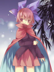 Rule 34 | 1girl, blurry, blush, bow, cape, covering own mouth, depth of field, hair bow, red eyes, red hair, sekibanki, short hair, skirt, sleeves past wrists, solo, touhou, yutamitan