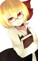 Rule 34 | 1girl, bad id, bad pixiv id, bespectacled, blonde hair, book, female focus, glasses, hair ribbon, long sleeves, ogami ren, onoue ren, red eyes, ribbon, rumia, short hair, smile, solo, touhou, white background