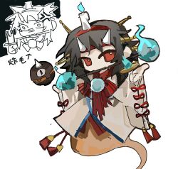 Rule 34 | 1other, aaayamitsu, androgynous, black hair, blue fire, burabura, candle on head, chibi, chinese text, commentary, fire, ghost tail, hair ornament, hairband, hairclip, headband, highres, horns, japanese clothes, kimono, len&#039;en, long hair, long sleeves, mouth hold, no sclera, object on head, other focus, red eyes, red hairband, red headband, red ribbon, ribbon, simple background, sketch, symbol-only commentary, taira no chouki, tassel, translation request, white background, white horns, white kimono, wide sleeves