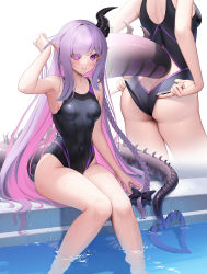 Rule 34 | 1girl, ass, black one-piece swimsuit, blush, bow, braid, breasts, clothing cutout, colored inner hair, competition swimsuit, hair bow, highres, horns, katasumi (suraimu), knees together feet apart, long hair, medium breasts, multicolored hair, multiple views, one-piece swimsuit, original, pink hair, pointy ears, purple eyes, purple hair, single braid, single horn, soaking feet, suraimu (suraimuraimu), swimsuit, tail, tail through clothes, very long hair, white background