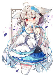 Rule 34 | 1girl, ahoge, animal ears, bare shoulders, blush, commentary request, commission, covered mouth, dress, envelope, frilled dress, frills, fujii shino, grey hair, hair between eyes, hands up, highres, holding, holding envelope, long hair, long sleeves, off-shoulder dress, off shoulder, original, petals, pixiv commission, puffy long sleeves, puffy sleeves, red eyes, sakurada shiro (hy plus), single thighhigh, sleeves past wrists, solo, thighhighs, very long hair, white dress, white thighhighs