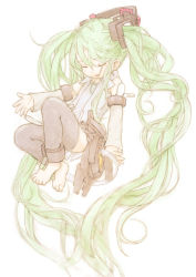 Rule 34 | 1girl, absurdres, barefoot, closed eyes, feet, female focus, feral lemma, full body, green hair, hatsune miku, hatsune miku (append), highres, long hair, solo, toes, twintails, very long hair, vocaloid, vocaloid append, white background