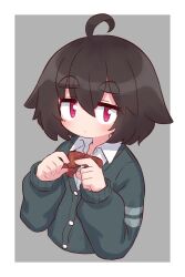 Rule 34 | 1girl, ahoge, black cardigan, black hair, bow, cardigan, closed mouth, collared shirt, commentary request, cropped torso, diagonal-striped bow, dress shirt, grey background, hair between eyes, hands up, highres, long sleeves, looking at viewer, naga u, naga u-chan, original, puffy long sleeves, puffy sleeves, purple eyes, red bow, school uniform, shirt, short eyebrows, sleeves past wrists, solo, thick eyebrows, two-tone background, upper body, white background, white shirt