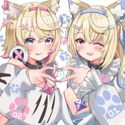 Rule 34 | 2girls, animal ear fluff, animal ears, bandaid, bandaid hair ornament, belt collar, black collar, blonde hair, blue eyes, blue hair, blue nails, blush, breasts, cleavage, cleavage cutout, closed mouth, clothing cutout, collar, cropped shirt, dog ears, dog girl, fuwawa abyssgard, fuwawa abyssgard (1st costume), hair ornament, hairpin, headphones, headphones around neck, highres, hololive, hololive english, large breasts, long hair, looking at viewer, medium hair, mococo abyssgard, mococo abyssgard (1st costume), multicolored hair, multiple girls, nail polish, one eye closed, open mouth, pink eyes, pink hair, pink nails, saabyboi, shirt, siblings, sisters, smile, spiked collar, spikes, streaked hair, tongue, tongue out, twins, two side up, virtual youtuber, white shirt, x hair ornament