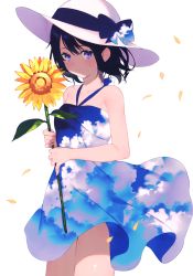 Rule 34 | 1girl, absurdres, achiki, bare arms, bare shoulders, black hair, blue bow, blue eyes, bow, breasts, cloud print, collarbone, dress, flower, hat, hat bow, highres, holding, holding flower, looking at viewer, original, petals, print dress, relic (artbook), short hair, simple background, sky print, sleeveless, sleeveless dress, small breasts, smile, solo, standing, sun hat, sunflower, wind