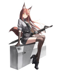Rule 34 | 1girl, absurdres, animal ear fluff, animal ears, arknights, asymmetrical legwear, belt, black belt, black footwear, black skirt, brown gloves, brown hair, brown pantyhose, brown thighhighs, closed mouth, collared shirt, commentary, elbow gloves, floating hair, fox ears, fox girl, fox tail, franka (arknights), gloves, grey shirt, high heels, highres, lanyard, light blush, long hair, looking at viewer, miniskirt, pantyhose, pencil skirt, sam browne belt, sheath, sheathed, shirt, shoes, signature, simple background, single leg pantyhose, single thighhigh, sitting, skirt, sleeves rolled up, smile, solo, split mouth, sword, tail, thighhighs, uneven legwear, vladislav ton, weapon, white background, yellow eyes