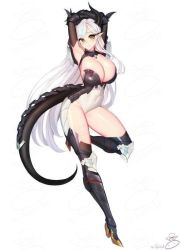 Rule 34 | 1girl, arms up, blush, boots, breasts, cleavage, epic seven, full body, gloves, large breasts, leotard, long hair, looking at viewer, luna (epic seven), simple background, solo, suertee34, suggestive, tail, thighhighs, white background, white hair, yellow eyes
