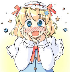 Rule 34 | 1girl, alice margatroid, arnest, blonde hair, blue eyes, blush, capelet, female focus, full-face blush, hairband, hands on own cheeks, hands on own face, heart, heart-shaped pupils, open mouth, short hair, solo, symbol-shaped pupils, touhou