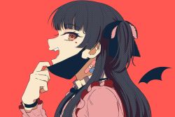 Rule 34 | 1girl, bandages, black hair, black ribbon, commentary, fangs, from side, hair ribbon, heart, heart tattoo, idolmaster, idolmaster shiny colors, kamille (vcx68), long hair, long sleeves, looking at viewer, mask, mask pull, mayuzumi fuyuko, mouth mask, neck ribbon, open mouth, pink shirt, red background, ribbon, shirt, sideways glance, simple background, solo, tattoo, teeth, tongue, unmoving pattern, upper body, upper teeth only, vampire, vampire (vocaloid), vocaloid, watch, wings, wristwatch