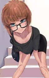 Rule 34 | 1boy, black shirt, black shorts, blue eyes, brown hair, closed mouth, collarbone, glasses, highres, leaning forward, looking at viewer, male focus, original, shirt, short sleeves, shorts, smile, solo, stairs, standing, trap, w (1999 kyu)