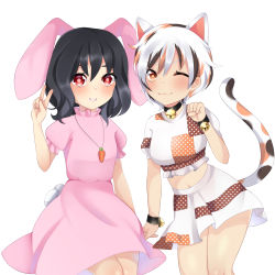 Rule 34 | animal ears, artist request, bell, black hair, blush, calico, carrot necklace, cat ears, cat girl, cat tail, coin, crop top, dress, floppy ears, gesture, goutokuji mike, highres, inaba tewi, jewelry, jingle bell, maneki-neko, medium skirt, midriff, multicolored clothes, multicolored hair, multicolored shirt, multicolored skirt, multicolored tail, navel, necklace, one eye closed, orange eyes, patch, paw pose, pendant, pink dress, puffy short sleeves, puffy sleeves, rabbit, rabbit ears, rabbit tail, red eyes, short hair, short sleeves, simple background, skirt, streaked hair, tail, touhou, white background, white hair