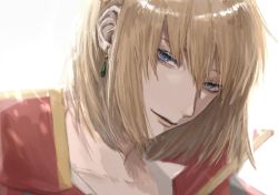 Rule 34 | 1boy, blonde hair, blue eyes, breasts, close-up, closed mouth, collarbone, earrings, high collar, howl (howl no ugoku shiro), howl no ugoku shiro, jewelry, looking at viewer, male focus, medium breasts, simple background, sira julyspring, upper body, white background