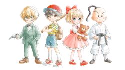 Rule 34 | 1girl, 3boys, absurdres, back ribbon, backpack, bag, baseball bat, baseball cap, belt, black belt, black bow, black bowtie, black footwear, black hair, black socks, blonde hair, blue eyes, blue stripes, bow, bowtie, braid, brown eyes, brown footwear, collared shirt, dougi, dress, footwear bow, formal, frilled shirt, frills, hair ribbon, hat, high ponytail, highres, holding, holding baseball bat, holding ray gun, holding stuffed toy, jeff andonuts, leather footwear, medium hair, momo oddeye, mother (series), mother 2, mouse (animal), multiple boys, ness (mother 2), nintendo, paula (mother 2), pink dress, pink ribbon, poo (mother 2), red footwear, ribbon, serious, shirt, short hair, smile, socks, solid circle eyes, striped clothes, striped shirt, stuffed animal, stuffed toy, suit, teddy bear, two-tone shirt, vertical-striped clothes, vertical-striped shirt, white shirt, white socks, yellow shirt