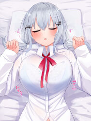 Rule 34 | 1girl, artist name, bed, blue bra, blush, bow, bra, bra visible through clothes, bralines, breasts, closed eyes, festa11307070, grey hair, hair between eyes, hair ornament, hakase fuyuki, lace, lace bra, large breasts, long hair, lying, nijisanji, on back, open mouth, pillow, red bow, shirt, sleeping, solo, twintails, underwear, virtual youtuber, white shirt