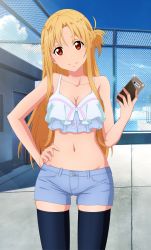 Rule 34 | absurdres, asuna (sao), bikini, black thighhighs, blonde hair, blue sky, cellphone, cloud, collarbone, commentary, day, derivative work, frilled bikini, frills, hand on own hip, highres, huge filesize, looking at viewer, navel, phone, red eyes, short shorts, shorts, shugo19, sky, smartphone, smile, solo, swimsuit, sword art online, thighhighs, white bikini