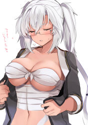 Rule 34 | 1girl, puff of air, blush, breasts, budget sarashi, cleavage, closed eyes, dark-skinned female, dark skin, female focus, glasses, highres, kantai collection, large breasts, long hair, musashi (kancolle), musashi kai ni (kancolle), navel, parted lips, sarashi, simple background, solo, sweat, translation request, twintails, underboob, upper body, white background, white hair, yunamaro