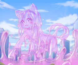 Rule 34 | 1girl, :d, all fours, animal ears, blue sky, blush, building, cat ears, cat tail, colored sclera, colored skin, completely nude, curss, day, giant, giantess, hair between eyes, heart, heart-shaped pupils, highres, long hair, looking at viewer, monster girl, multiple tails, nekomata, nude, open mouth, original, outdoors, pink eyes, pink hair, pink sclera, pink skin, sky, skyscraper, slime girl, smile, solo, symbol-shaped pupils, tail, two tails