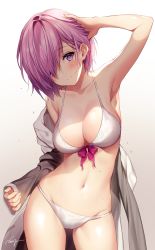 Rule 34 | 1girl, arm up, armpits, bikini, blush, breasts, cleavage, closed mouth, collarbone, commentary request, cowboy shot, fate/grand order, fate (series), gradient background, hair over one eye, hand in own hair, highres, jacket, legs apart, long sleeves, looking at viewer, mash kyrielight, mash kyrielight (swimsuit of perpetual summer), medium breasts, navel, necomi, off shoulder, official alternate costume, open clothes, open jacket, purple eyes, purple hair, short hair, signature, simple background, solo, standing, stomach, swimsuit, white bikini