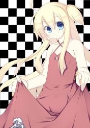 Rule 34 | 1girl, blonde hair, blue eyes, checkered background, flat chest, hasumi takashi, long hair, looking at viewer, original, skirt hold, solo