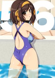 Rule 34 | 1girl, :o, arm rest, ass, backless swimsuit, blush, breasts, brown eyes, brown hair, commentary, competition swimsuit, countdown, covered erect nipples, feet out of frame, from behind, hairband, haruhisky, highres, looking at viewer, looking back, medium breasts, one-piece swimsuit, pool, ribbon, short hair, sideboob, solo, suzumiya haruhi, suzumiya haruhi no yuuutsu, swimsuit, thighs, tiles, wet, wet clothes, wet swimsuit, yellow hairband, yellow ribbon