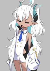 Rule 34 | 1girl, absurdres, bare shoulders, blue archive, blush stickers, breasts, dark-skinned female, dark skin, grey background, highres, horns, necktie, ocha (popopogg), off shoulder, open mouth, pointy ears, simple background, small breasts, solo, sumomo (blue archive), white hair