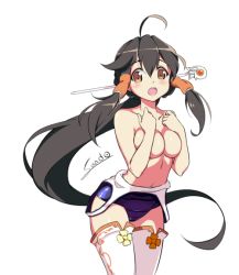 Rule 34 | 1girl, ahoge, alternate costume, ara haan, ara han, black hair, breasts, clothes pull, covering privates, covering breasts, elsword, little hsien (elsword), one-piece swimsuit, one-piece swimsuit pull, solo, swimsuit, thighhighs, transparent background