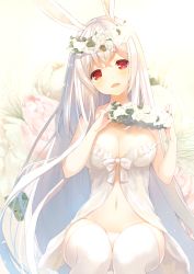 Rule 34 | 1girl, :d, animal ears, babydoll, blush, breasts, cleavage, commentary request, crossed bangs, cynthia riddle, floral background, flower, flower wreath, hair between eyes, head tilt, head wreath, highres, holding, large breasts, long hair, looking at viewer, navel, open mouth, original, p19, panties, rabbit ears, red eyes, silver hair, sitting, smile, solo, strapless, thighhighs, underwear, very long hair, virtual youtuber, white background, white theme, white thighhighs