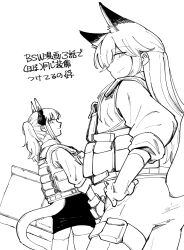 Rule 34 | 2girls, animal ear fluff, animal ears, arknights, ballistic shield, bulletproof vest, closed mouth, commentary request, cowboy shot, dragon girl, dragon horns, dragon tail, expressionless, fox ears, fox girl, franka (arknights), from behind, greyscale, hand on own hip, haruichi (sazanami complex), hatching (texture), highres, horns, linear hatching, liskarm (arknights), long hair, looking at viewer, medium hair, monochrome, multiple girls, pencil skirt, ponytail, pouch, profile, shield, shirt, shorts, sideways glance, simple background, skirt, sleeves rolled up, smile, standing, tail, thigh pouch, thighhighs, translation request, white background