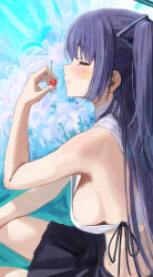 Rule 34 | 1girl, absurdres, alternate costume, armpits, bare arms, bare shoulders, black skirt, blue archive, breasts, cherry, closed eyes, crop top, facial mark, food, from side, fruit, hair ornament, halo, hand up, hidulume, highres, holding, holding food, holding fruit, medium breasts, midriff, miniskirt, no bra, one side up, open mouth, pleated skirt, profile, shirt, side-tie shirt, sideboob, skirt, sleeveless, sleeveless shirt, solo, star (symbol), white shirt, yuuka (blue archive)
