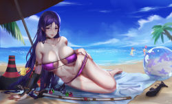 Rule 34 | 1girl, absurdres, alov, ball, beach, beach umbrella, beachball, bikini, breasts, choker, cleavage, collarbone, day, eyepatch bikini, fate/grand order, fate (series), frankenstein&#039;s monster (fate), frankenstein&#039;s monster (swimsuit saber) (fate), hand on own hip, highres, large breasts, long hair, looking at viewer, minamoto no raikou (fate), minamoto no raikou (fate/grand order), minamoto no raikou (swimsuit lancer) (fate), navel, nero claudius (fate), nero claudius (fate) (all), nero claudius (swimsuit caster) (fate), outdoors, palm tree, purple bikini, purple eyes, purple hair, sheath, shoes, unworn shoes, sitting, sky, smile, solo, swimsuit, tree, umbrella