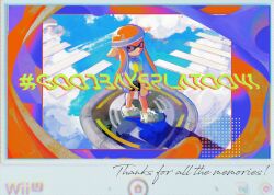 Rule 34 | 1girl, absurdres, bike shorts, black shorts, blue sky, closed mouth, cloud, english text, game console, hashtag, highres, inkling, inkling girl, inkling player character, long hair, looking back, nintendo, orange hair, pointy ears, red eyes, shirt, shoes, shorts, sky, solo, splatoon (series), splatoon 1, standing, sweatband, t-shirt, tentacle hair, white footwear, white shirt, wii u, wii u gamepad, zicbx
