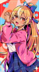 Rule 34 | 1girl, blonde hair, blue bow, blue skirt, bow, dark-skinned female, dark skin, hair bow, highres, hololive, jacket, long hair, looking at viewer, multicolored hair, open mouth, own hands together, pink jacket, pointy ears, ponytail, red eyes, shiranui flare, shirt, skirt, smile, solo, ssm a u, streaked hair, virtual youtuber, white hair, white shirt