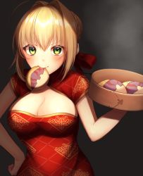 Rule 34 | &gt;:), 1girl, ahoge, alternate costume, black background, blonde hair, blush, braid, braided bun, breasts, china dress, chinese clothes, cleavage, commentary request, container, dress, fate/grand order, fate (series), food, food in mouth, food request, green eyes, hair between eyes, hair bun, hair intakes, hand on own hip, hand up, highres, holding, holding food, large breasts, looking at viewer, mouth hold, nero claudius (fate), nero claudius (fate) (all), nero claudius (fate/extra), red dress, short hair, short sleeves, sidelocks, simple background, smile, solo, steam, upper body, v-shaped eyebrows, yayoi maka