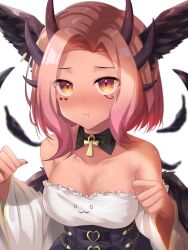 Rule 34 | 1girl, aged down, ankh, bare shoulders, black collar, black corset, black wings, blurry, blurry background, blush, breasts, cleavage, collar, collarbone, corset, detached collar, dress, egyptian, facial mark, feathers, head wings, heart, heart facial mark, highres, horns, indie virtual youtuber, looking at viewer, medium breasts, narunin, orange eyes, pink hair, short hair, tan, trickywi, upper body, virtual youtuber, white dress, wings