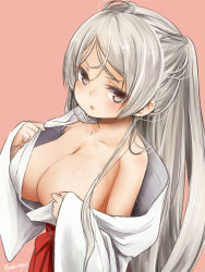 Rule 34 | 1girl, akino shuu, blush, brown eyes, conte di cavour (kancolle), kantai collection, long hair, official alternate costume, open mouth, pink background, silver hair, simple background, solo