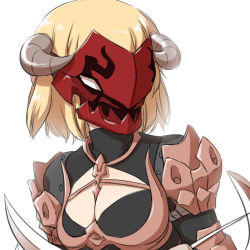 Rule 34 | 1girl, arm blade, armor, bikini armor, black bodysuit, blonde hair, bodysuit, breasts, brown horns, cleavage, cleavage cutout, clothing cutout, commentary request, curled horns, dagger, gauntlets, guillotine cross (ragnarok online), holding, holding dagger, holding knife, holding weapon, horns, ice pick, knife, masked, medium breasts, natsuya (kuttuki), pauldrons, ragnarok online, red armor, red mask, short hair, shoulder armor, simple background, solo, upper body, weapon, white background