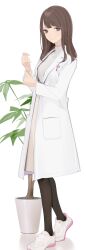 Rule 34 | 1girl, adjusting sleeves, ama mitsuki, black pantyhose, brown eyes, brown hair, closed mouth, coat, dress, full body, hands up, highres, lab coat, long sleeves, looking at viewer, medium hair, original, pantyhose, pen in pocket, plant, potted plant, reflective floor, simple background, smile, solo, standing, white background, white coat, white dress, white footwear