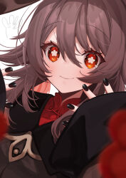 Rule 34 | 1girl, black coat, black nails, brown hair, chinese clothes, closed mouth, coat, commentary request, flower-shaped pupils, genshin impact, haiba 09, hands up, high collar, highres, hu tao (genshin impact), looking at viewer, nail polish, portrait, red eyes, signature, simple background, smile, solo, symbol-shaped pupils, upper body, white background
