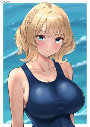 Rule 34 | 1girl, bare shoulders, blonde hair, blue eyes, blue one-piece swimsuit, braid, breasts, cleavage, colorado (kancolle), highres, kantai collection, large breasts, one-piece swimsuit, shiromaru (maniado), short hair, smile, solo, swimsuit, upper body