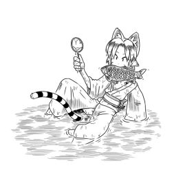 Rule 34 | 1girl, animal ears, byakko (nijiura maids), cat ears, cat tail, fish, japanese clothes, monochrome, obi, partially submerged, sash, shikyou-aki (placeholder), simple background, solo, tail, tiger ears, tiger tail, white background